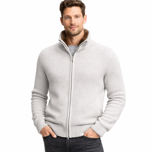 Veste en cachemire et laine pour homme à double <span class=keywords><strong>fermeture</strong></span> éclair en gris foncé, pull bomber en tricot côtelé avec col en fausse fourrure pour vêtements d'extérieur d'hiver de luxe - Product Image 5
