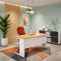 Meja Kantor Eksekutif Modern Tunggal dengan Panel Depan Berlubang dan Kaki Logam Premium untuk Area Desain Ruang Belajar di Rumah