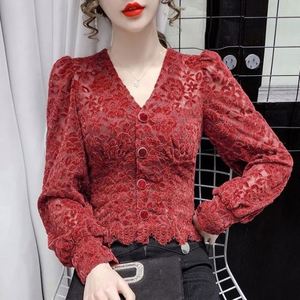 เสื้อลูกไม้<span class=keywords><strong>2022</strong></span>ผู้หญิงสีทึบแขนยาวพองคอวีแบบฝรั่งเศสมีกระดุมเสื้อตาข่ายโปร่งใสเสื้อลำลอง - Product Image 1