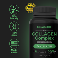 Complexe multi-collagène Lifeworth Vitamins, types I, II, III, V, X, nourri à l'herbe, non OGM, capsule pour éclaircir la peau des adultes