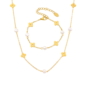 תכשיטי תליון תלתן מפלדת אל-חלד, זהב 18 קראט, פנינה מתוקת מים לנשים, סט שרשרת וצמיד תלתן ארבעה עלים למזל טוב - Product Image 6