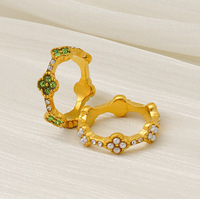 Cincin Baja Tahan Karat 316L Grosir, Gaya Mewah Old Money, Cincin Clover Motif Mutiara, Perhiasan Bertahtakan Zirkon, Hadiah untuk Wanita