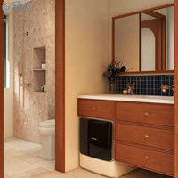 Meuble de salle de bain mural style vintage avec lavabo intégré en dalle de roche courbée à chaud, étanche IPX5, pour toilettes et lavage