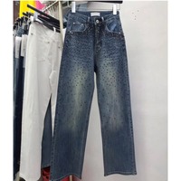 Nouvelle collection Printemps 2026 – Jean droit en denim bleu délavé pour femme, coupe ample, longueur intégrale, orné de strass, style décontracté chic pour le quotidien