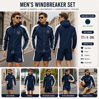 Ensemble de survêtement pour homme, coupe-vent, bleu marine et blanc, 2 pièces, veste à capuche et short, tenue de sport