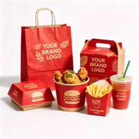 Serie de Empaques Personalizados para Comida Rápida con Bolsas de Papel de Grado Alimenticio, Caja para Hamburguesas, Caja para Papas Fritas y Vaso para Café