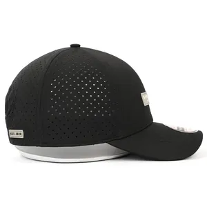 Cap Caps And Hats Men Custom High Quality 6 Panel Quick Dry Black Polyester Sports Baseball Cap Men Fashion PVC Logo Laser Cut Hole Perforated Dad Hat