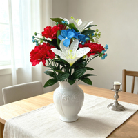 Ramo de Flores Artificiales Realistas Rojas, Blancas y Azules, Lirios y Claveles, Centro de Mesa Patriótico para Año Nuevo y Festividades, Recuerdo