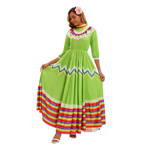 Vestido largo verde de estilo étnico mexicano con ribete de arcoíris para actuaciones en escenario, talla adulta para mujer - Product Image 1