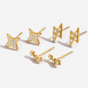 Ensemble de boucles d'oreilles étoiles plaquées or avec zircon incrusté en acier inoxydable pour cadeau, bijoux de mode - Product Image 1