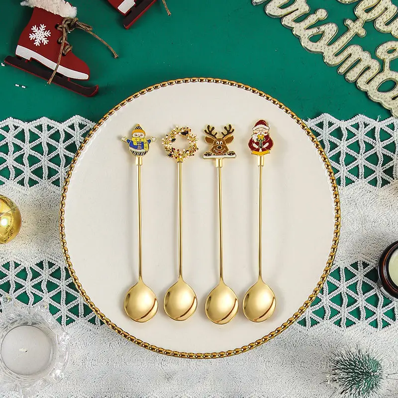 Hot Selling Luxury Gold Stainless Steel Christmas Dessert Forks Coffee Measuring Serving Silverware Spoons Flatware Gift Box Set