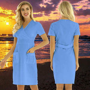 Robe médicale bleue pour femmes, col en V, avec poches et ceinture, uniforme d'hôpital, tissu en coton et polyester - Product Image 3