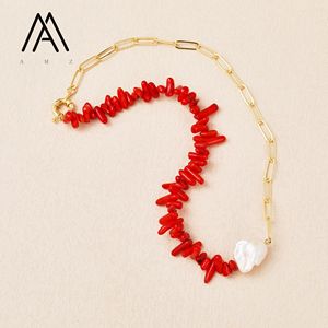Collar de Perlas Barrocas Blancas de Agua Dulce Naturales con Plántulas de Coral Rojo y Cadena de Oro para Joyería Artesanal de Mujer - Product Image 3