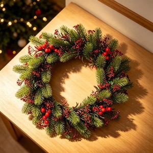 Christmas Artificial <b>Wreath</b> 45cm Red Berries Pine Branches Decorative Ring Home Door Hanging Ornament Festive Decoration - Product Image 2
