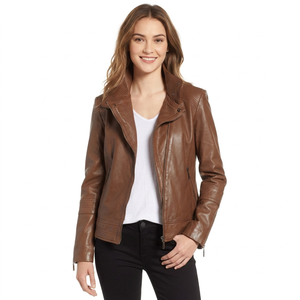 Womens Brown Genuine <b>Leather</b> <b>Blazer</b> <b>Jacket</b> Slim Fit Elegant Notch Lapel Autumn Female Casual Outerwear <b>Leather</b> <b>Jackets</b> - Product Image 1