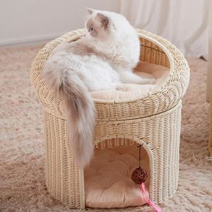 Maison pour chat en rotin tressé à double étage, lit-caverne pour chat à deux niveaux, jouet suspendu, décoration, abri de sommeil pour animaux de compagnie d'intérieur - Product Image 1