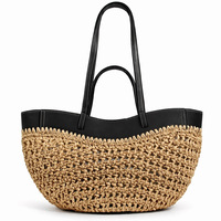 Sac fourre-tout en paille tressée à double poignée RTS Designer, avec dessus en cuir PU, sac à bandoulière de plage pour femme, grand sac à main color block