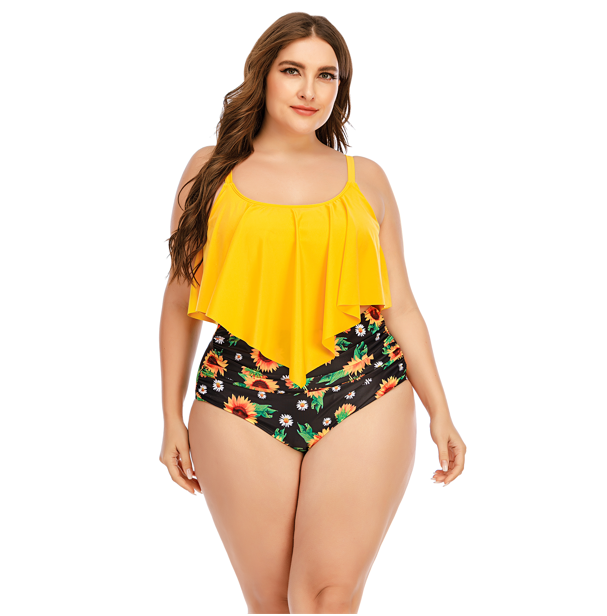 Custom Logo Women Plus Size Yellow Ruffle Swim Top Sunflowers Printed High Waisted Yellow Swimwear 5xl