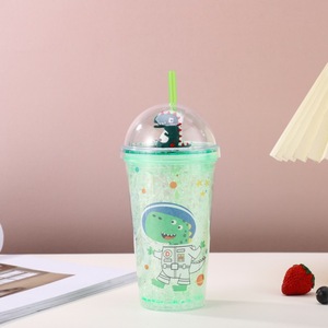 450ml Reusable Blue Space Dinosaur Double Wall <b>Plastic</b> <b>Straw</b> Cup with Glitter Decorated Dome Lid for Kids Cold Beverages - Product Image 4