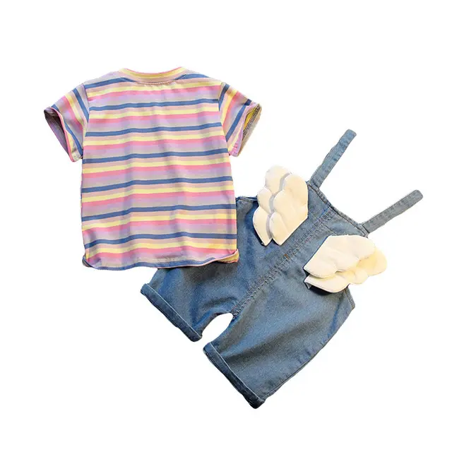 Новое поступление, летний детский костюм, футболка в полоску и милые джинсы, детская одежда, комплекты одежды из 2 предметов с коротким рукавом