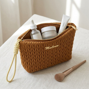 Soft <b>Makeup</b> Pouch Designer Padded Cosmetic Bag Portable Travel Toiletry Organizer Brown Bubble Fabric Beauty Storage <b>Case</b> - Product Image 6