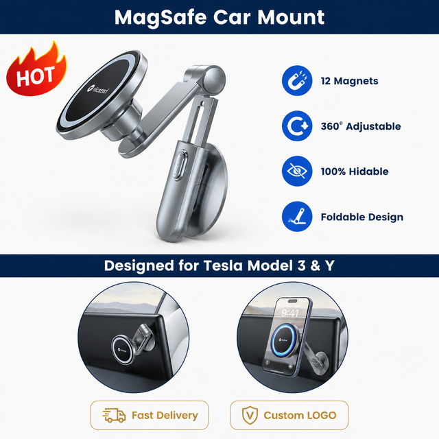 Car Phone Holder Foldable Magnetic Mount Wholesale, Strong N52 Magnet Suction Cup, No-Drop Extension Arm, OEM Private Label