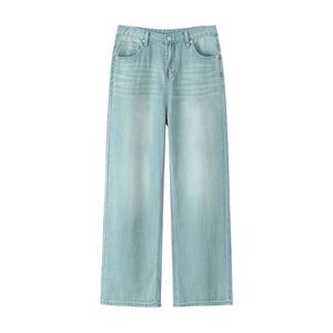 Jean droit bleu clair pour femme Runqi, grande taille, décontracté, en denim de coton, style simple N9217 - Product Image 1