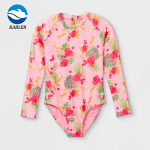 Private Label Baby Girl's Sea Beach Rpet Comfortable Pink Floral Zip Back Long Sleeve One Piece Rashgard Swim Wear