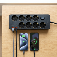 Europäische Standard-Steckdosenleiste mit 8 AC-Steckdosen, 2 USB-C und 2 USB-A Anschlüssen, Schalter, IP22, 16A, 2m Kabel, für den Hausgebrauch