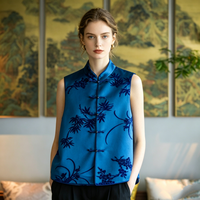 Gilet pour femme de qualité supérieure, bleu, à col montant, style chinois, à simple boutonnage, en soie de mûrier et velours Zhang Heritage 5435