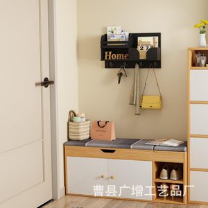 Wooden <b>Wall</b> <b>Mounted</b> <b>Shelf</b> Black 2 Layer Key Rack Entryway Organizer Storage Rack - Product Image 3