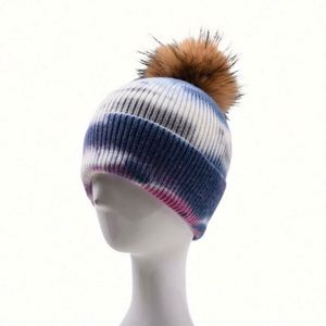 Custom Embroidery Knitted Winter Acrylic <b>Tie</b> Dye Women Knitted Hats Beanie Hat With Pom Pom - Product Image 2