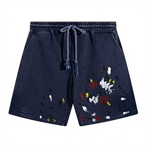 Pantalones Cortos Deportivos Unisex Azul Marino, Pintados a Mano con Logotipo Personalizado en la Parte Delantera, de Algodón Puro, Cintura Elástica, Corte Holgado, Tejido Casual, Cintura Media - Product Image 2