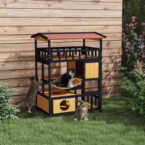 Villa pour chat en bois moderne de luxe d'extérieur, enclos à 3 niveaux avec pont suspendu, respirant, durable, écologique, Catio Balcony Factory - Product Image 1