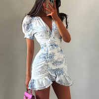 Robes d'été décontractées pour femmes 2026, bleues et blanches, à lacets et boutons, style cache-cœur, manches courtes, moulantes, avec impression personnalisée