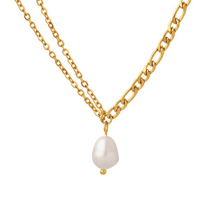 PVD 18K Gold Plated Stainless Steel Figaro Chain with Freshwater Pearl Pendant <b>Choker</b> Necklace | Hypoallergenic & Waterpoof - Product Image 1