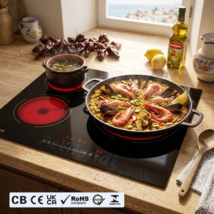 Placa <span class=keywords><strong>de</strong></span> Cocina Eléctrica <span class=keywords><strong>de</strong></span> 60 cm y 3 Quemadores, 5400 W, Certificación CB CE, Doble Zona Grande <span class=keywords><strong>de</strong></span> 30 cm para Paella, Placa Vitrocerámica Integrada con Control Táctil Deslizante y Temporizador - Product Image 2
