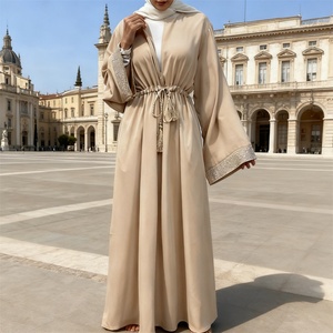 9.9 Latest Dress Loose Shiny Diamonds Sleeves Front Zipper With Hidden Tassel Belt With Pockets Popular Eid Women Dress 6758# - Product Image 3