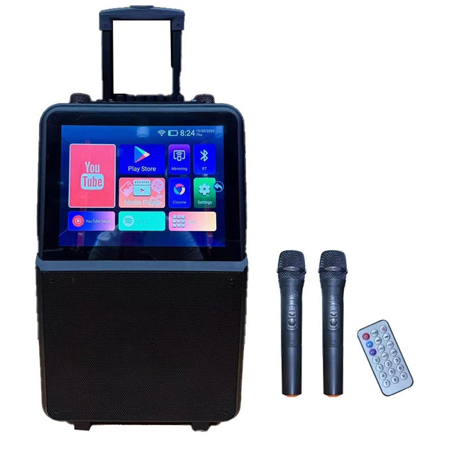 Smart Touch-screen Karaoke Machine Pull Rod for Speaker All-in-one Karaoke System for Outdoor Home Use 2 Microphones