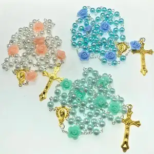 6MM Catholic colorful glass pearl beads rosary with Jesus cross pendant