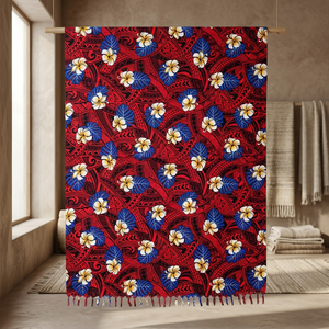 Pareo Boho con Estampado Floral y Borlas, Patrón Rojo, Azul y Blanco, Tejido de Rayón, Corte Clásico, para Playa, Verano, con Bordes Deshilachados - Product Image 3