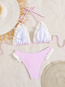New Arrivals Brazil Hai Mảnh Bikini Áo Tắm Hợp Thời Trang Dễ Thương Ruffle Màu Hồng Lưới Trim Phổ Biến Mô Hình Sọc Với Phía Trước Logo - Product Image 6