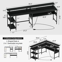 Bureau d'ordinateur de jeu en forme de L avec bande LED, prises de courant, bureau d'ordinateur d'angle réversible