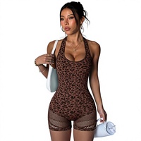 Nouvel ensemble de yoga une pièce imprimé léopard pour femme, avec col licou, dos ouvert et short push-up, collection transfrontalière complète