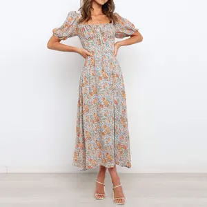 2024 personalizar ropa de verano Mujer bohemio manga corta plisado elegante encaje polinesio Boho algodón señoras Maxi vestido casual