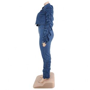 Otoño e Invierno Tallas grandes Ropa de mujer Abrigo de mezclilla de manga larga y conjunto de pantalones de dos piezas apilados - Product Image 3