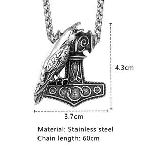 Collar Vikingo Nórdico con Colgante de Martillo de Thor y Cuervo, Acero Inoxidable, Estilo Vintage, Unisex, Cadena Doble de 60 cm - Product Image 4