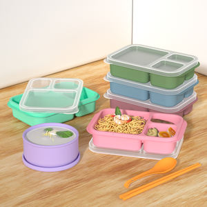 Caja Bento de silicona de grado alimenticio con logotipo personalizado, a prueba de fugas, 3 compartimentos, forma rectangular, tapa de almacenamiento, calentable, almuerzo apto para microondas - Product Image 4