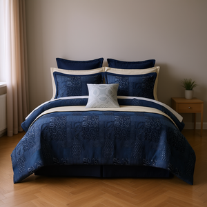 Ensemble de couette Royal 4 pièces, motif géométrique bleu marine, style classique, couture, literie pour lit queen size - Product Image 2