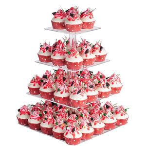 Présentoir à cupcakes carré moderne en acrylique à 4 niveaux, pliable et portable, transparent, pour mariages, anniversaires, magasins, bar à bonbons - Product Image 1
